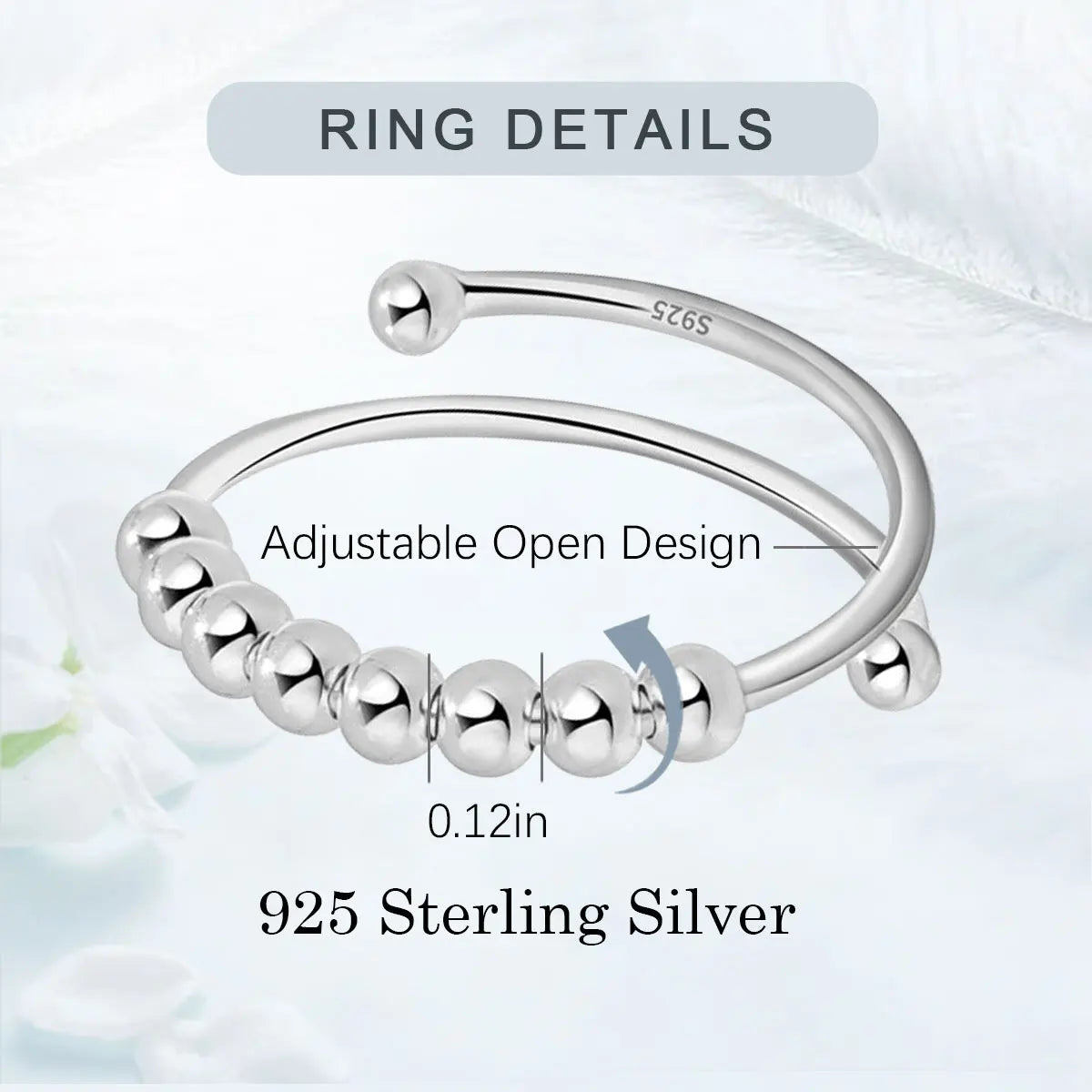 925 Sterling Silver anti Stress Ring for Women, Fidget Spinner Ring Anxiety Relief Adjustable Open Ring Gift for Her
