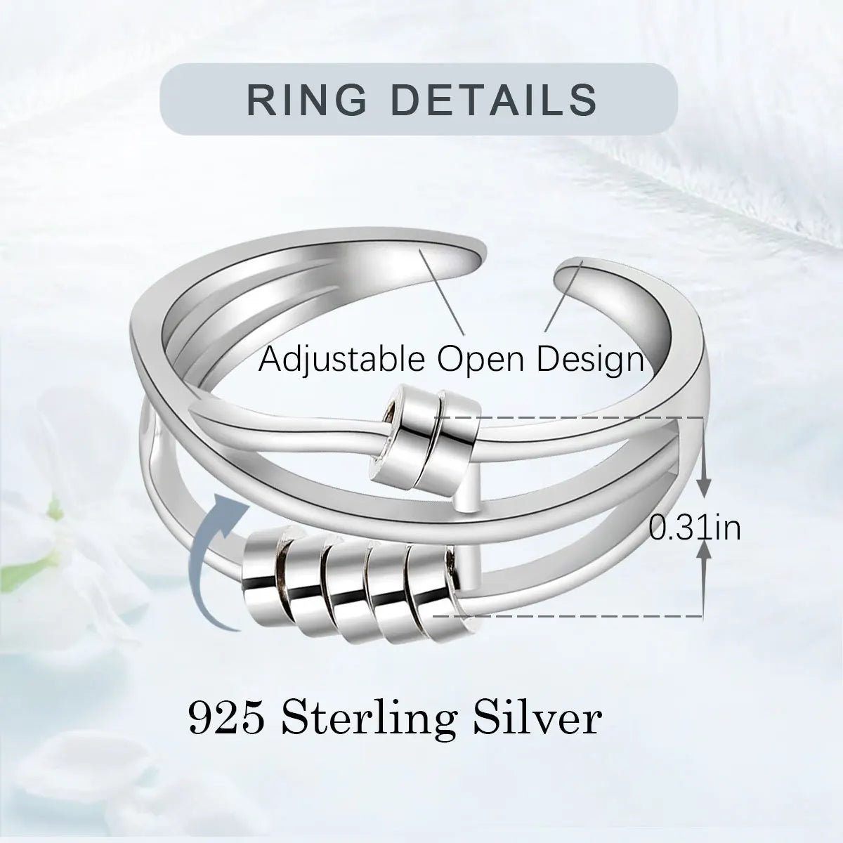 925 Sterling Silver anti Stress Ring for Women, Fidget Spinner Ring Anxiety Relief Adjustable Open Ring Gift for Her