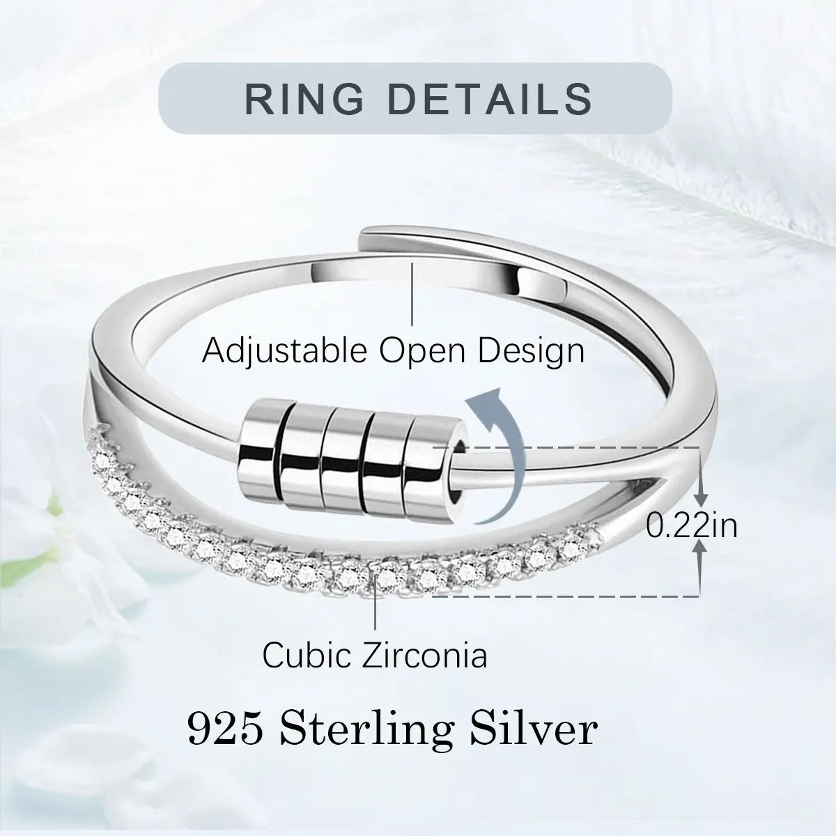 925 Sterling Silver anti Stress Ring for Women, Fidget Spinner Ring Anxiety Relief Adjustable Open Ring Gift for Her