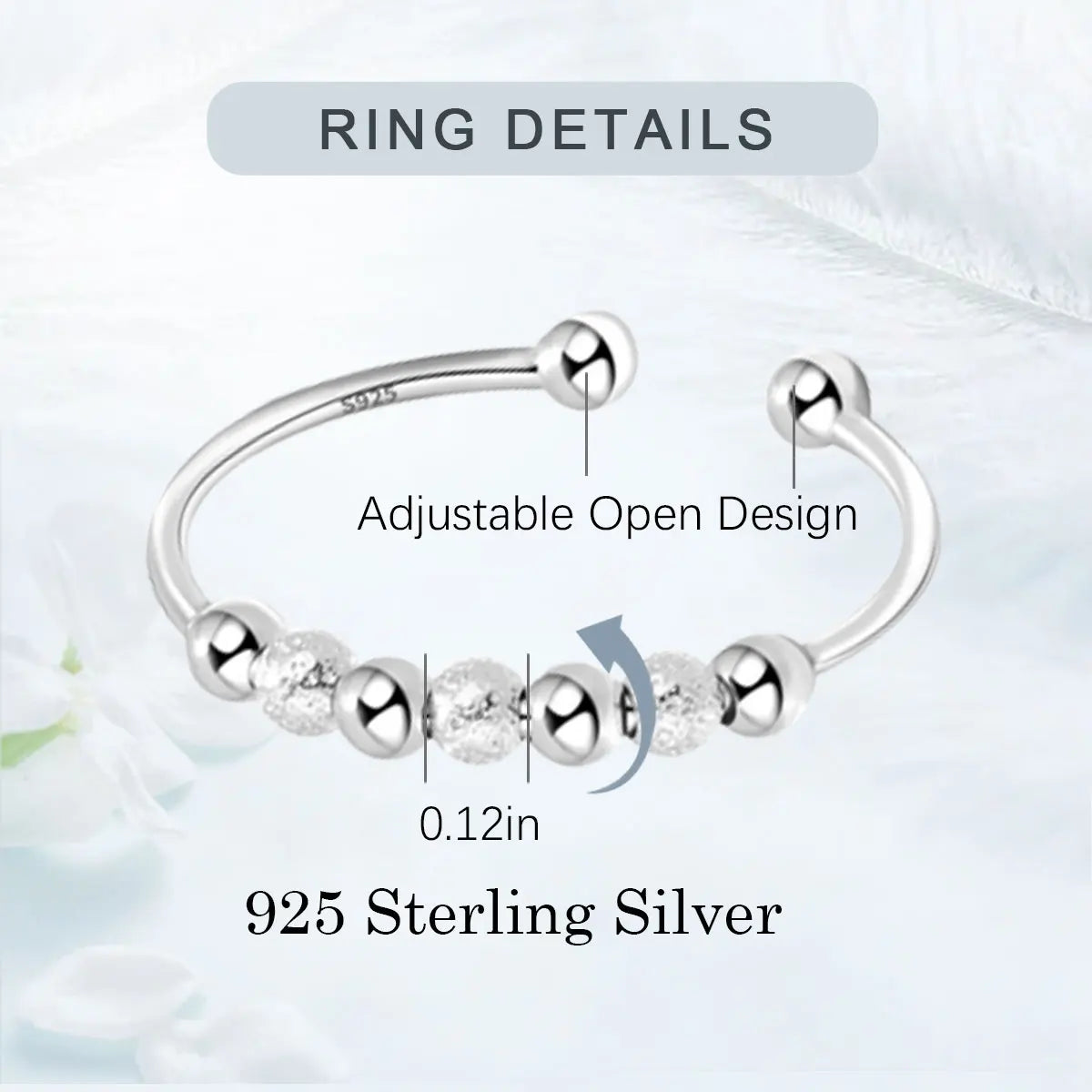 925 Sterling Silver anti Stress Ring for Women, Fidget Spinner Ring Anxiety Relief Adjustable Open Ring Gift for Her
