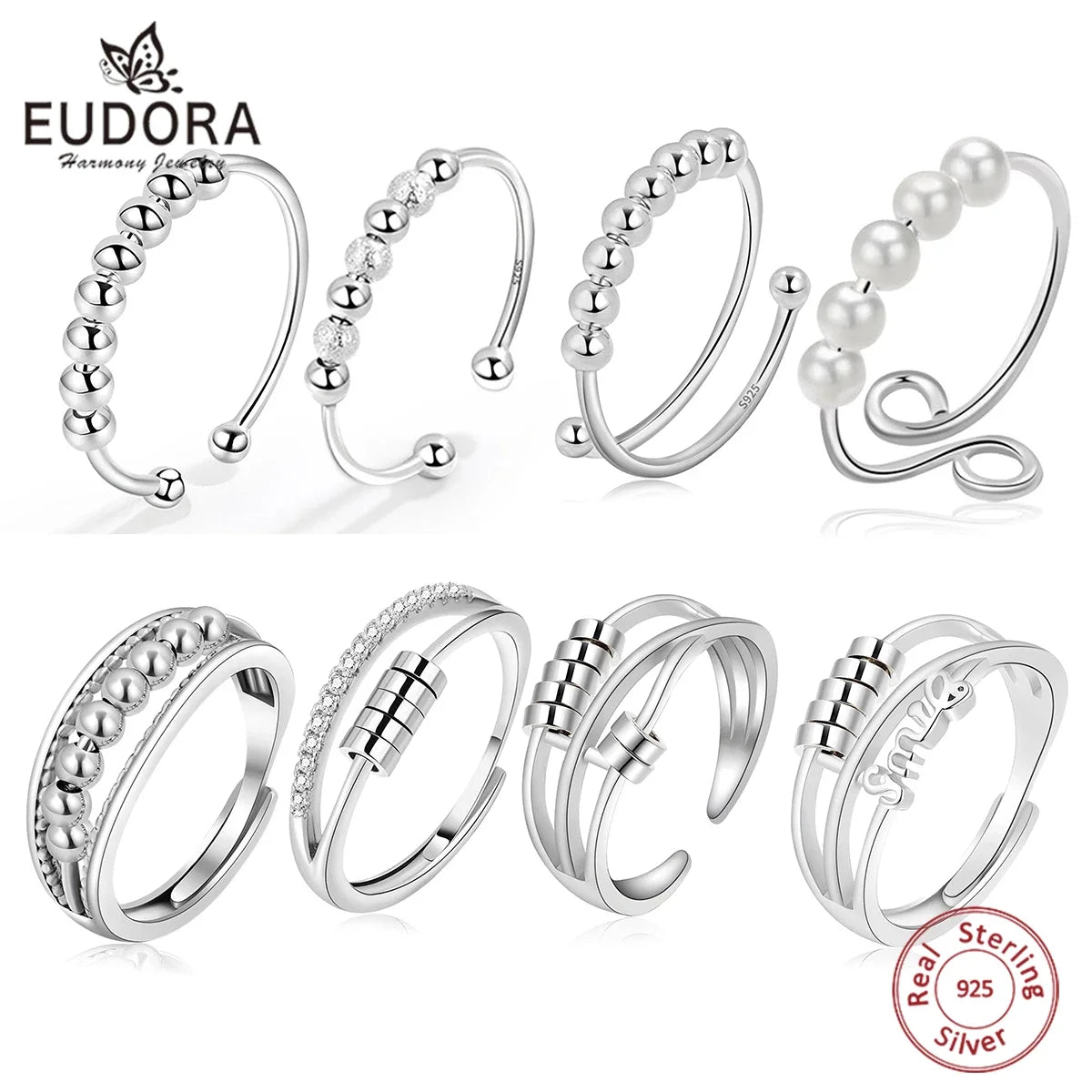 925 Sterling Silver anti Stress Ring for Women, Fidget Spinner Ring Anxiety Relief Adjustable Open Ring Gift for Her