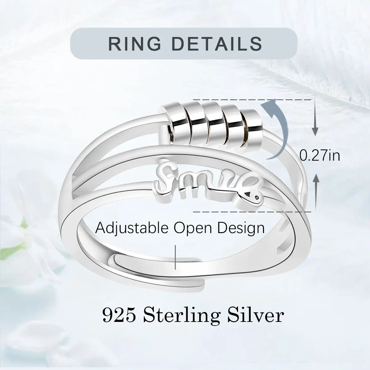 925 Sterling Silver anti Stress Ring for Women, Fidget Spinner Ring Anxiety Relief Adjustable Open Ring Gift for Her