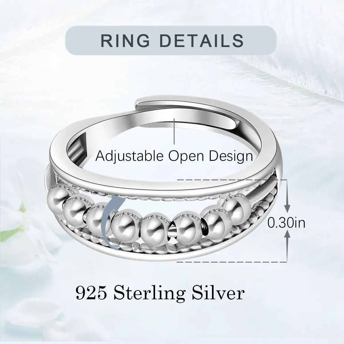 925 Sterling Silver anti Stress Ring for Women, Fidget Spinner Ring Anxiety Relief Adjustable Open Ring Gift for Her