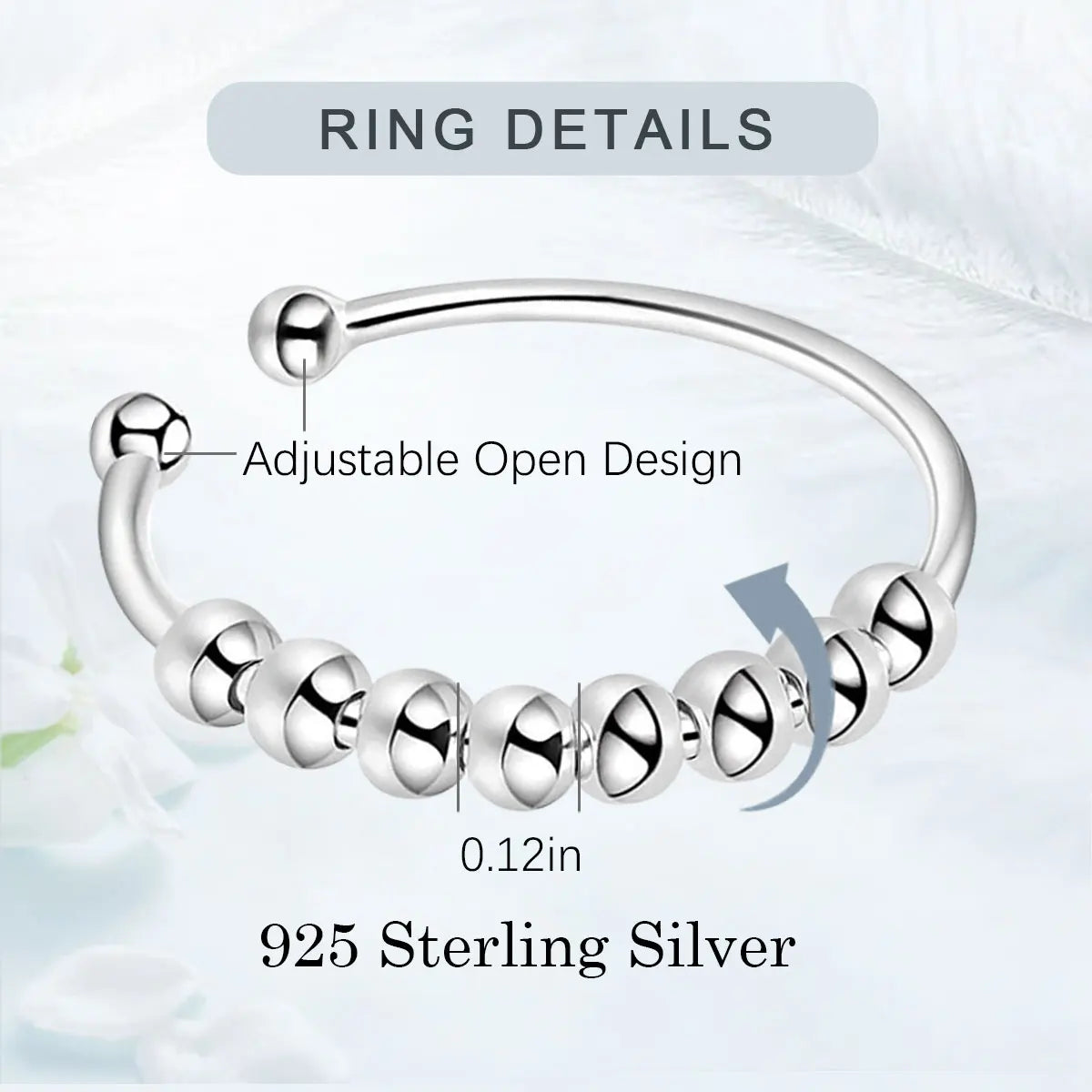 925 Sterling Silver anti Stress Ring for Women, Fidget Spinner Ring Anxiety Relief Adjustable Open Ring Gift for Her