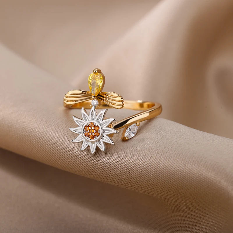 Anti Stress Anxiety Fidget Rings for Women Stainless Steel Sunflower Sun Star Spinner Ring Christmas Jewelry Gifts Dropshipping